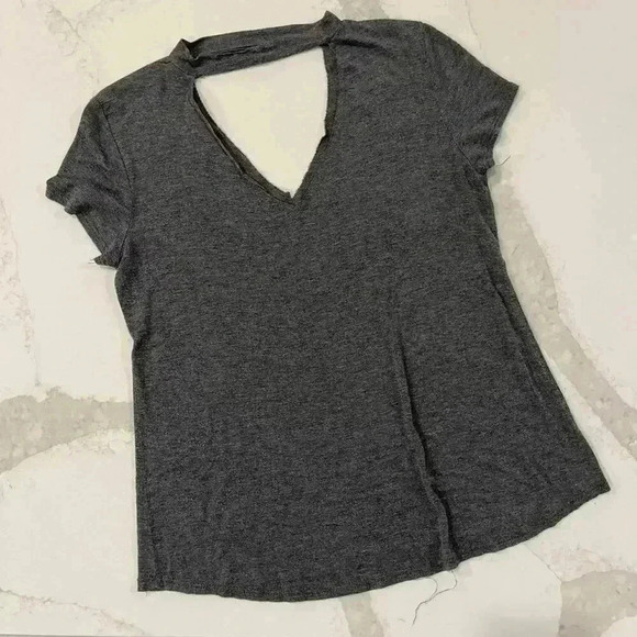 Say Anything Gray Short Sleeve Shirt Floral Embroidery Choker Style Womens Large - Picture 3 of 5